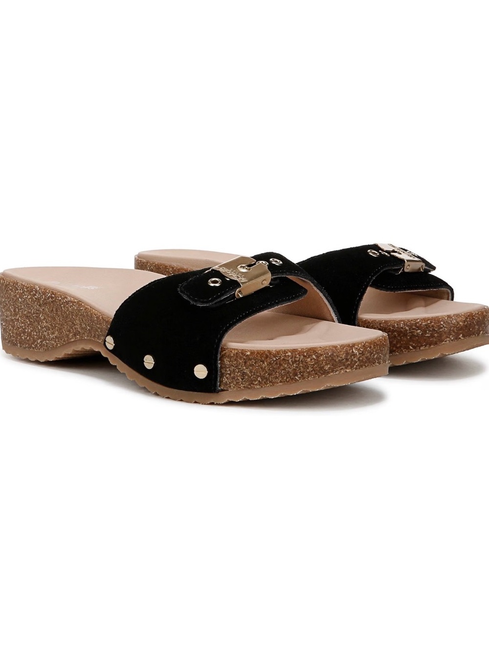 Dr. Scholl's Black Suede Cork Wedge Slide Sandals with Gold Buckle